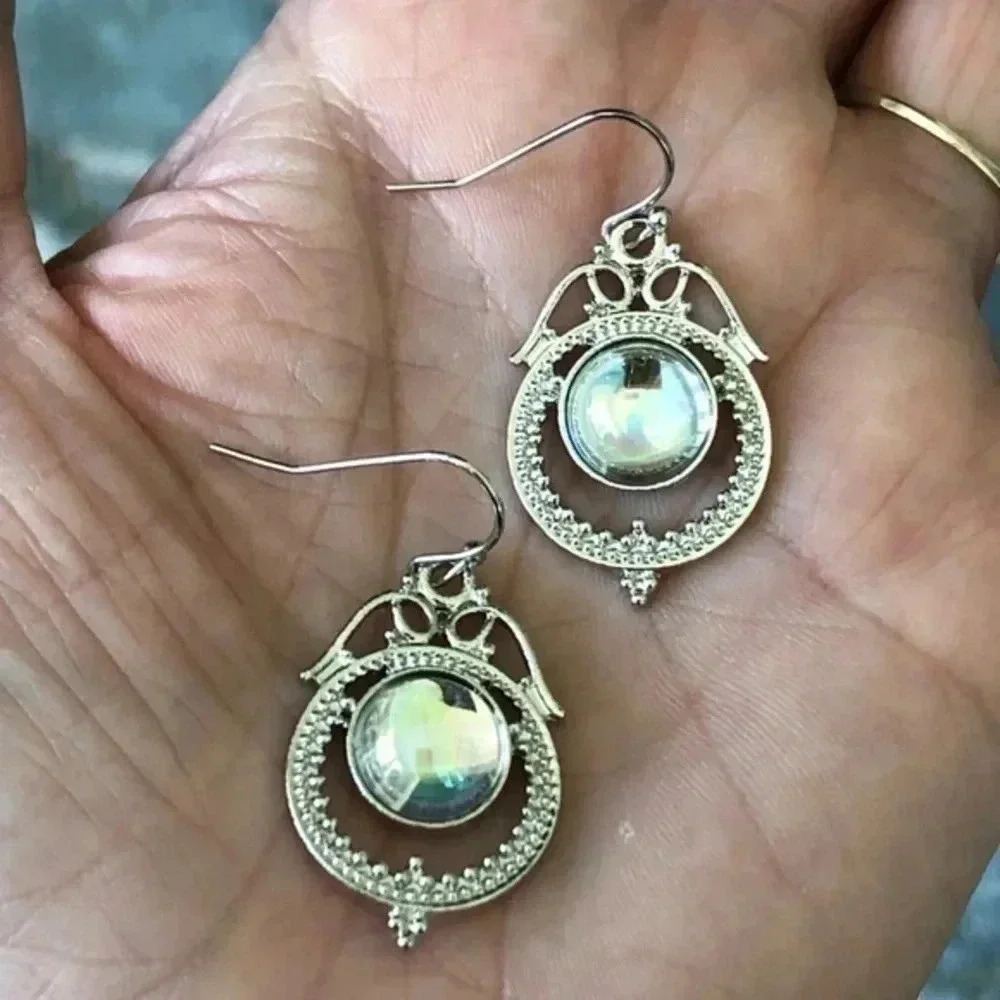 Iridescent Glass Oil Slick Silver Drop Earrings NWT